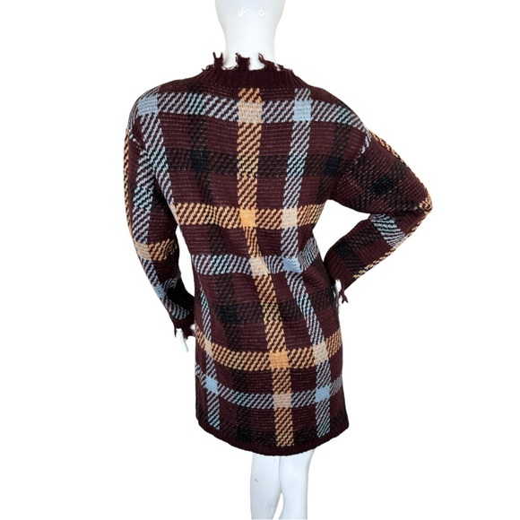Entro gorgeous burgundy sweater top fringe unique plaid striped lovely pattern M - Picture 6 of 15